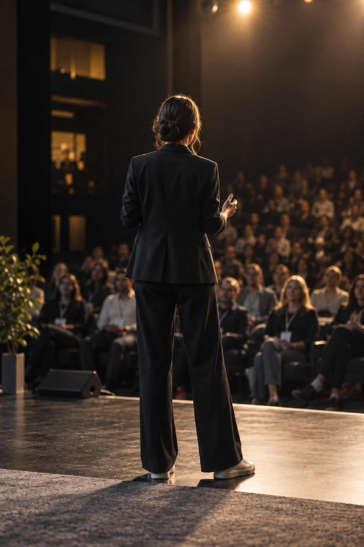 A speaker on a warmly lit stage, facing an audience.